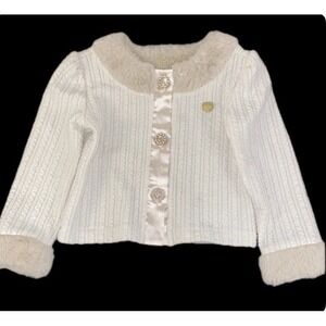 Le Chic Cardigan Kids Size 2 Cream Faux Fur Trim Cable Knit Pearl Button